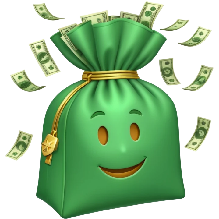 

3D emoji style, big bag of money, flying dollar bills, rich casino vibe, smooth lighting, high detail, clean edges, transparent background



 emoji
