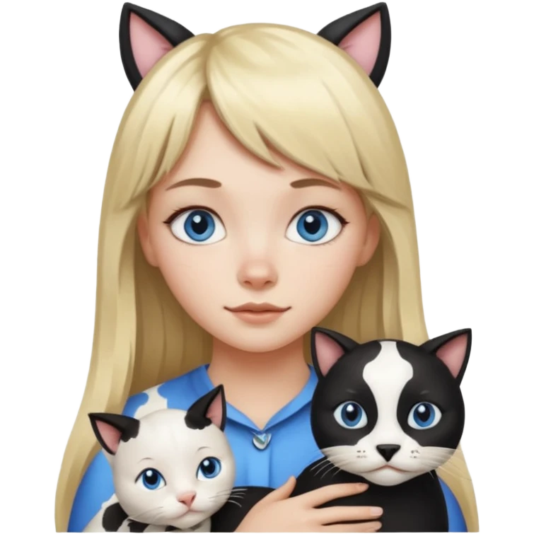 One  cat black and white stain like a cow in the arms of long blond hair girl with bangs and blue eyes emoji