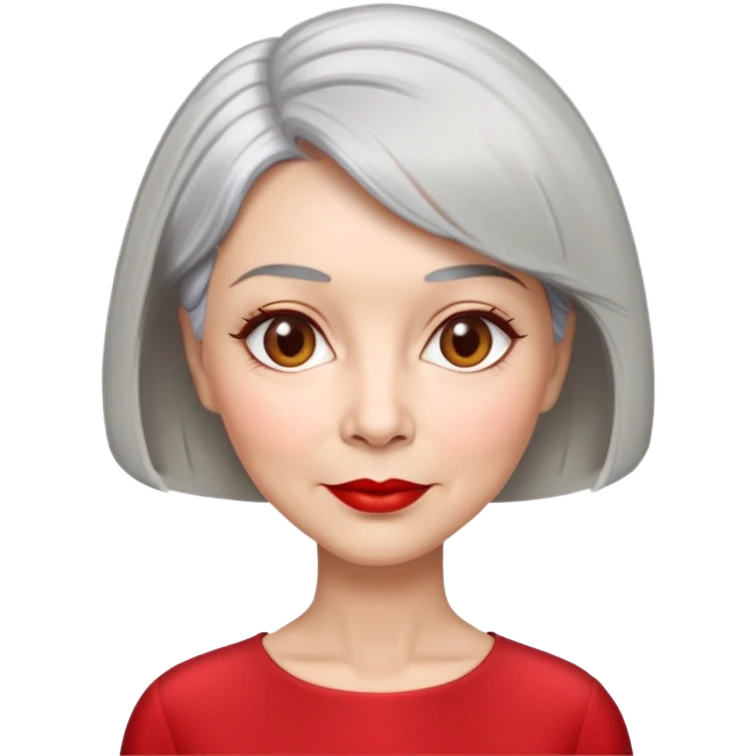 Elegant senior woman with silver-gray bob haircut, light skin, almond-shaped hazel eyes, red lipstick, wearing a red blouse, sophisticated expression emoji