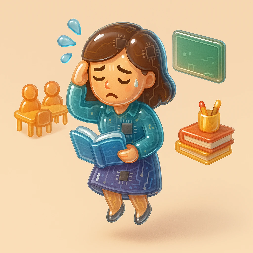 exhausted teacher in a bustling classroom emoji