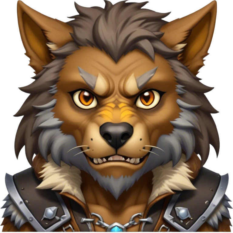 Cinematic Realistic WoW Worgen Portrait, head tilted epicly and inquisitively, showcasing the striking fusion of human intellect and beastly ferocity. His rugged fur and tanned skin, accented by piercing amber eyes and meticulously rendered worn leather garments, are bathed in dynamic lighting, high shine, epic and awe-inspiring, capturing the relentless spirit of a worgen at the apex of his power. emoji