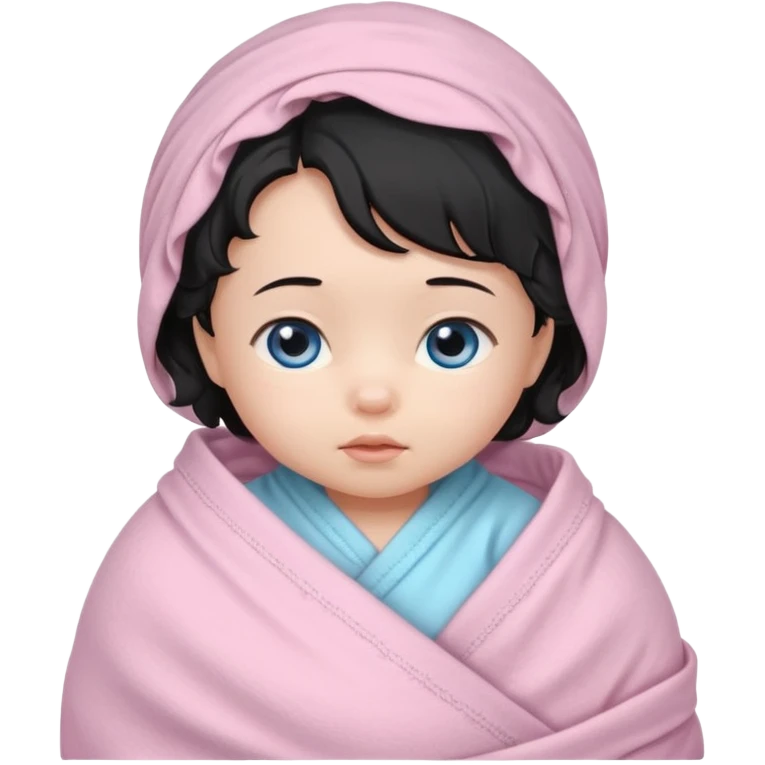 a  female asian newborn baby with black wavy hair and blue eyes wrapped in a light pink swaddle emoji