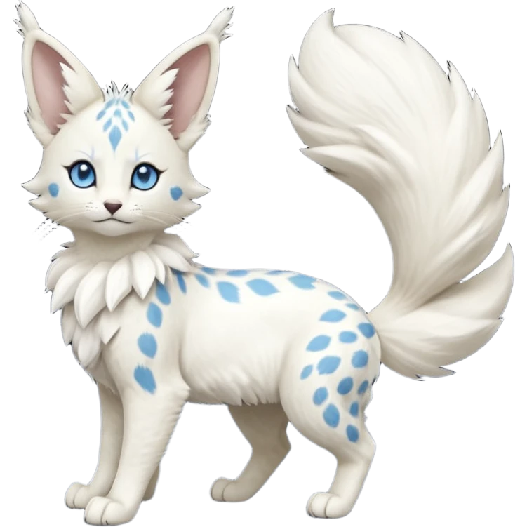 Albino-white, blue-eyed soft natural realistic romantic vintage antique divine beautiful elegant pretty precious cute young youthful  Fakémon-Pokémon-feline-Zeraora-Jolteon-serval-caracal-chinchilla-Minccino-Cinccino-Meowstic-rodent-hybrid-creature with a big fluffy bushy tail (full body) emoji