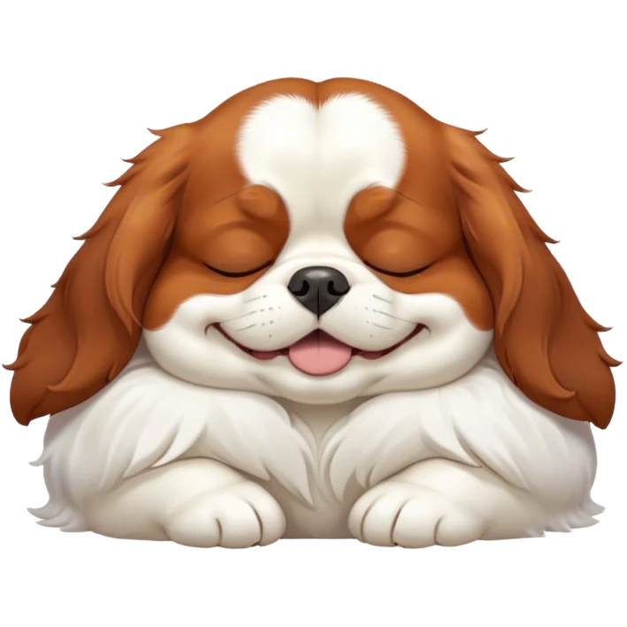 Cinematic Meme-Worthy Chubby Sleeping Cavalier King Charles Spaniel Portrait Emoji, Head resting peacefully with a contented smile, showcasing a delightfully chubby build and a luxuriously soft coat of chestnut and white, eyes shut in a serene nap, Simplified yet hilariously adorable features, highly detailed, glowing with a soft, drowsy light, high shine, relaxed and utterly lovable, stylized with an air of playful laziness, bright and heartwarming, soft glowing outline, capturing the essence of a comically sleepy Cavalier King Charles Spaniel, so meme-worthy it feels like it could instantly become the next viral sensation of adorable slumber! emoji