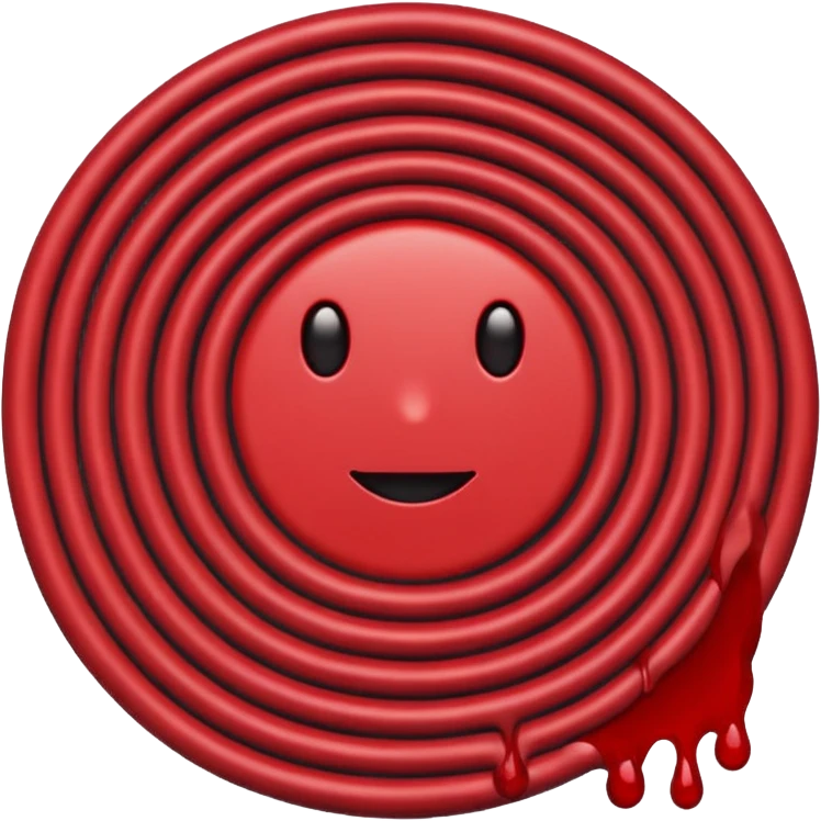 Minimalist emoji-style sticker of a coiled red carpet with drops of blood on the floor around it. Flat design, black and desaturated red tones, no perspective, bold lines. emoji