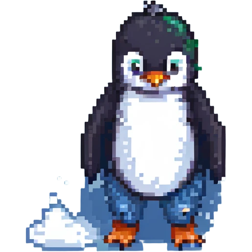 pixel art penguin in jeans, standing on ice, 8-bit style emoji