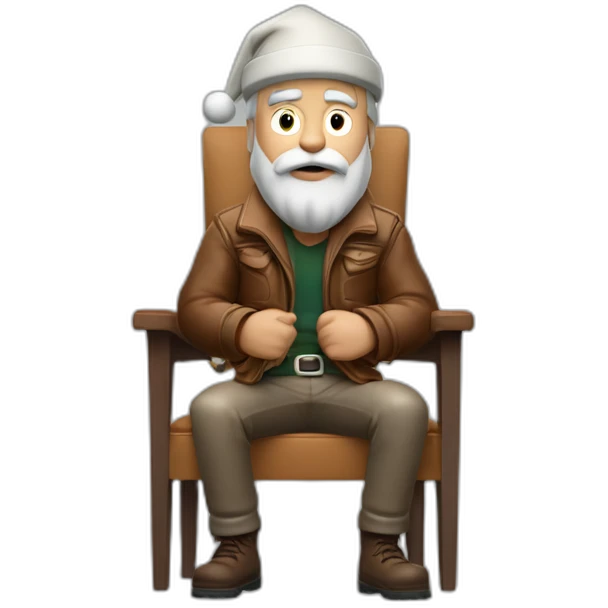 biff wiff short santa beard wearing a brown leather jacket and a paddy cap sitting in a folding directors chair looking angry(full body, ios17) emoji