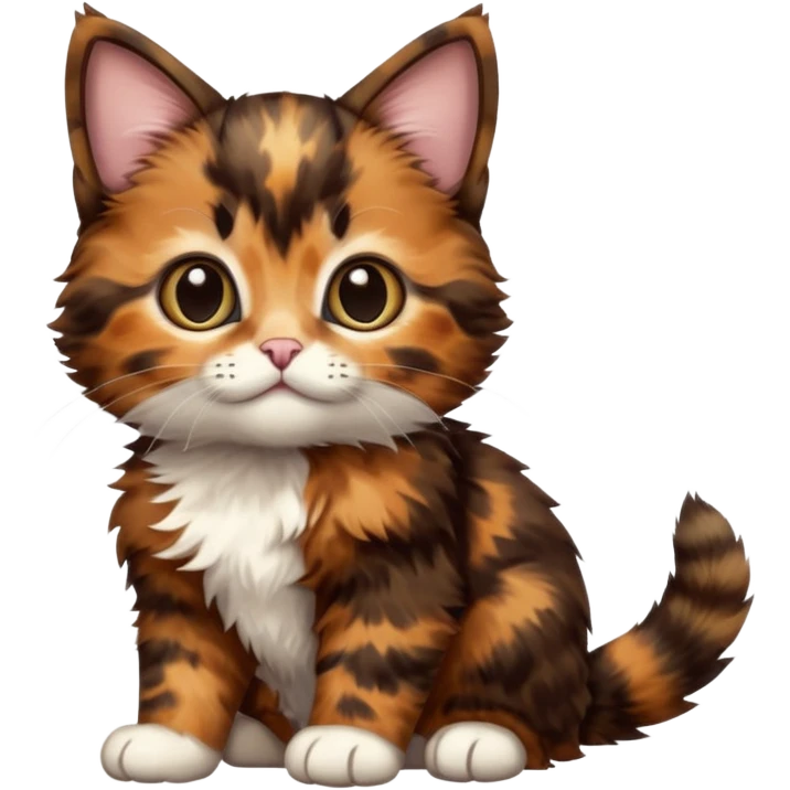 A high-resolution photo-realistic digital illustration of a brown multicoloured  tortoiseshell kitten, chest upward emoji