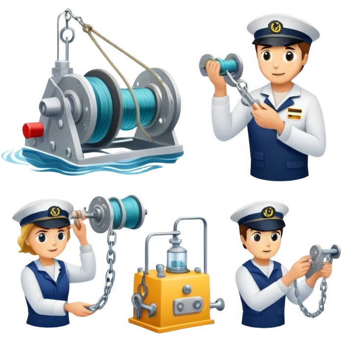 Sequential process of sailor operating winch, retrieving sediment core, and scientists examining ocean floor samples in lab emoji