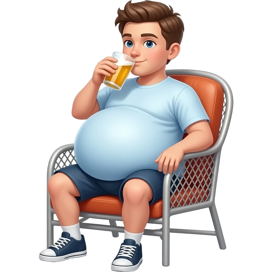 Zrób chłopak 16 latek z super super super ekstremalnie ogromny brzuch jak balon 🫄🏼 brzuch ma kształt jak ogromnej piłki + twarty brzuch i sieci na krześle i pije emoji