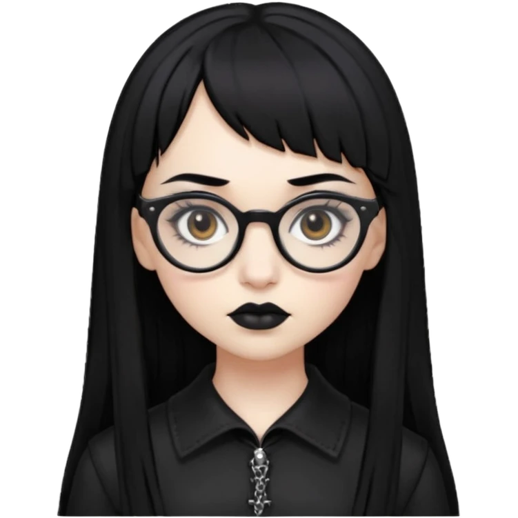Faça uma moça de cabelo preto micro franja e pálida e com maquiagem gótica pesada olhos castanhos escuro e óculos  emoji