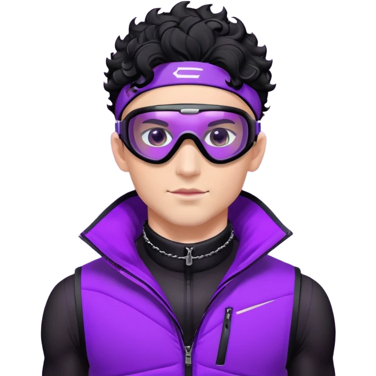 male athlete with white skin and moderately curly black hair on top with shaved sides, wearing ski goggles with purple frames and very dark black lenses, a simple plain black chain necklace, and a completely unzipped/wide open shiny purple vest fully revealing his chest and abs, no earrings emoji