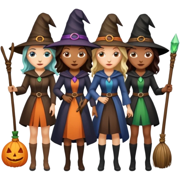 4 BRUJAS mujeres  CON ESCOBA Y VARITA MAGICA emoji