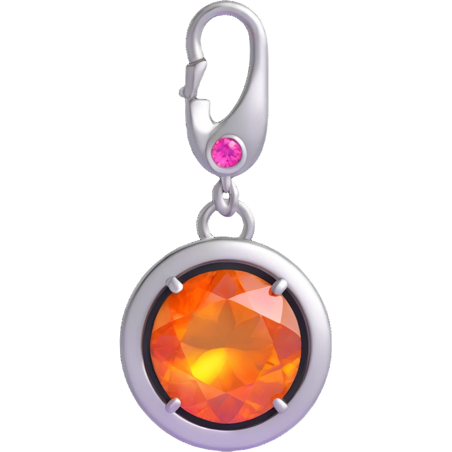 macro detail of a round cut pink fire opal charm with fiery pink-orange flashes, silver bezel and silver jump ring emoji