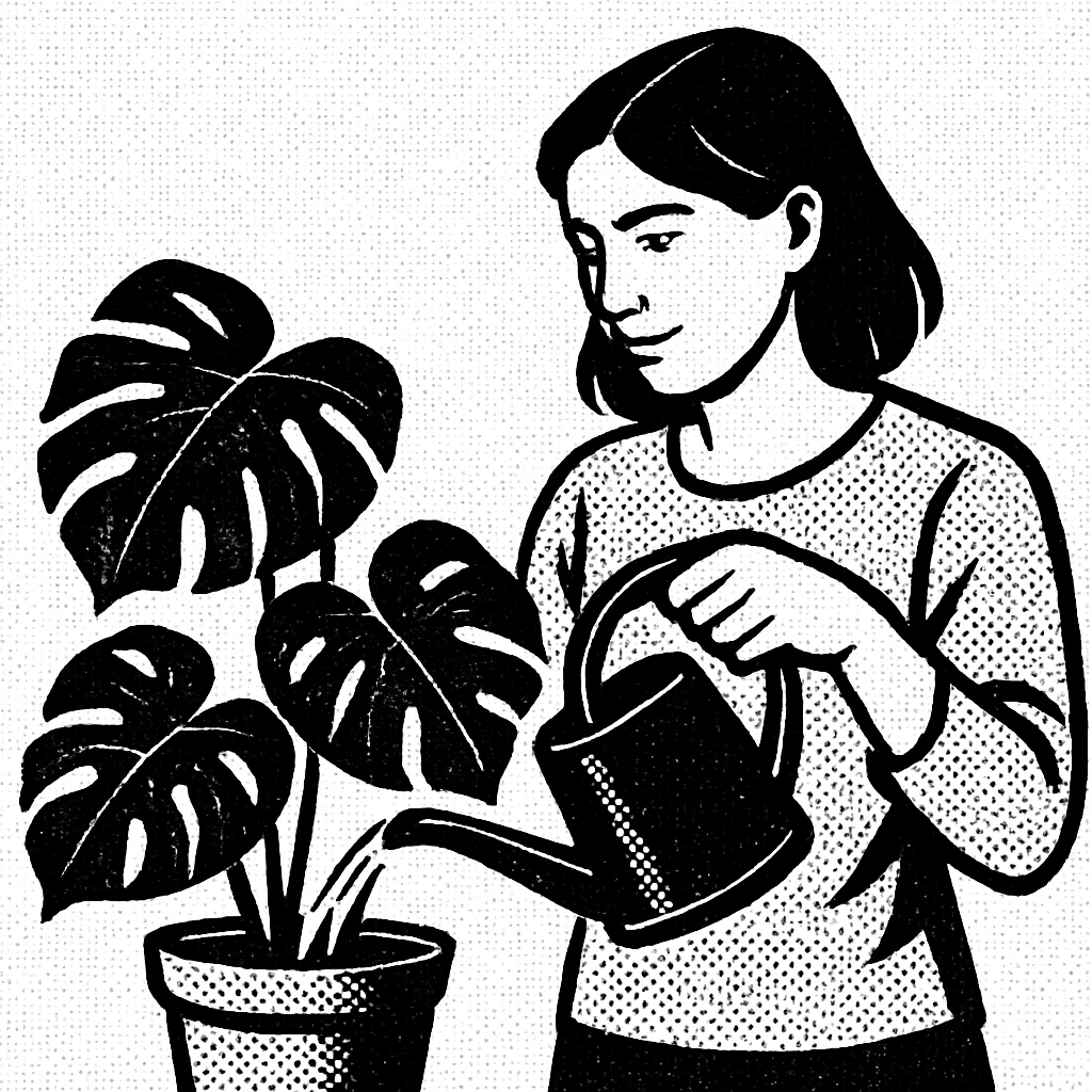 woman watering her monstera plant emoji