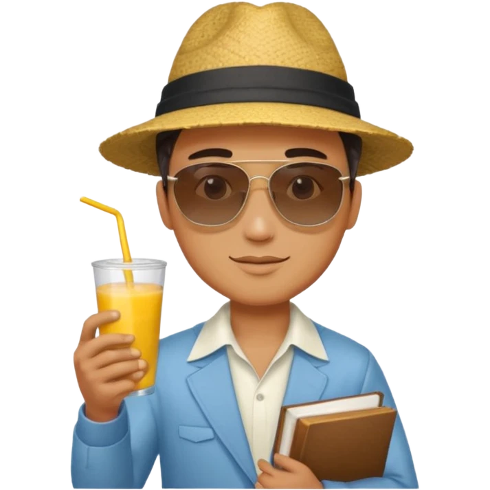 man holding book and mango drink emoji