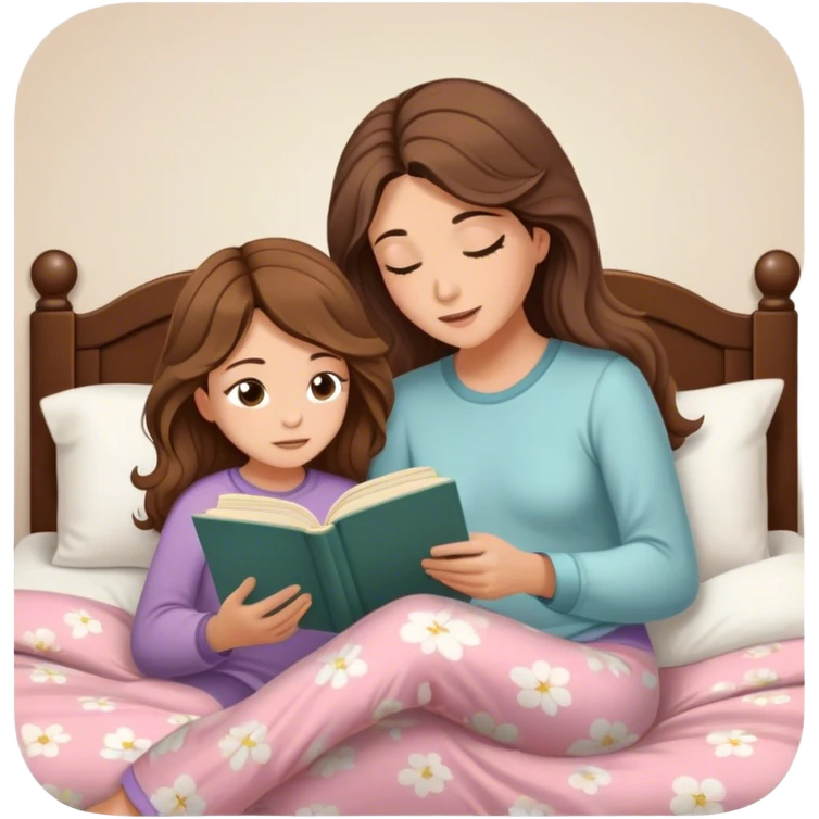 A thin white pretty mom with light brown eyes with lashes and brown long beach waves hair while reading a novel to her 10 years old daughter in pjs in her daughter's bed emoji