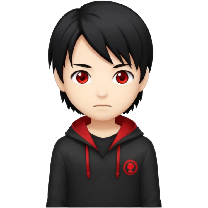 Create an emoji of a boy with long black hair and red eyes, in a chibi anime style. emoji