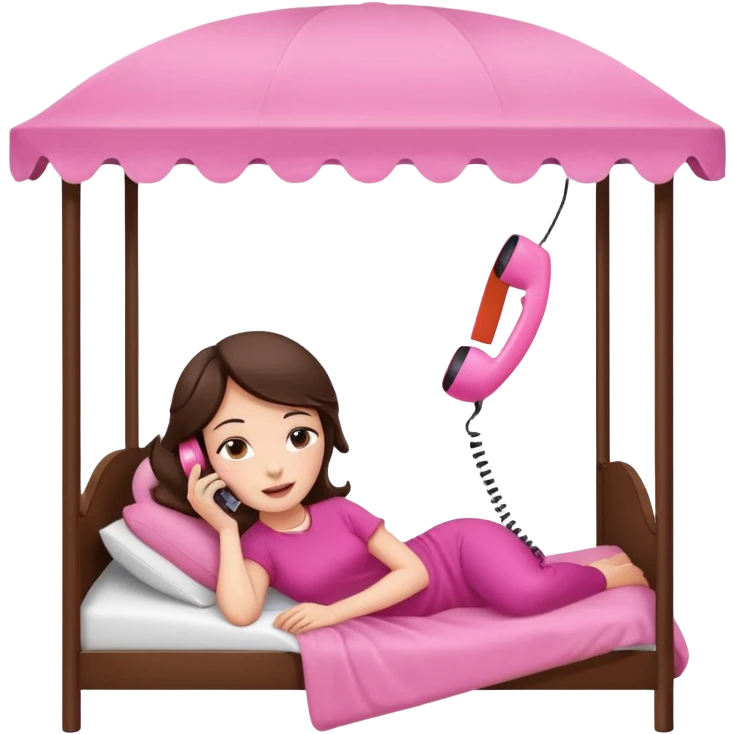 brunette woman reclining on a canopy bed, pink telephone to her ear emoji