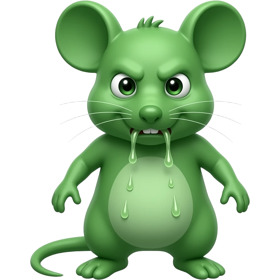 A little green mouse standing upright, with arms and legs that look like those of a little person, staring at us with repulsive face on its face. He's going to throw up .The mouse’s body is entirely green. emoji