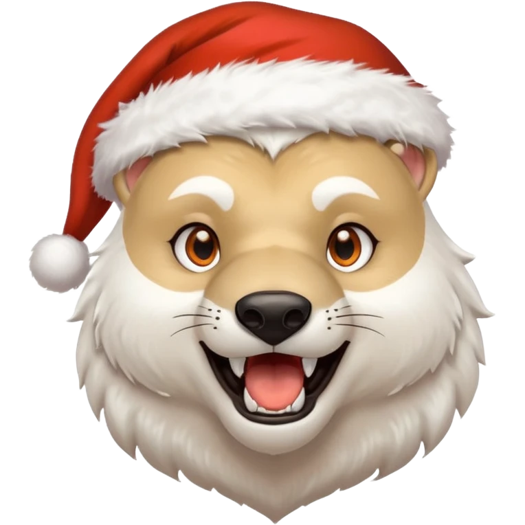 Polar bear and wolf hybrid with sabertooth fangs; light orange eyes; smiling; wearing a Santa hat  emoji