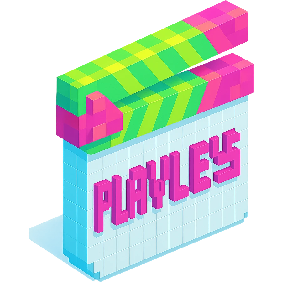 voxel style movie clapperboard with the text 'PLAVLEYS', neon green lid, white body, isometric view emoji