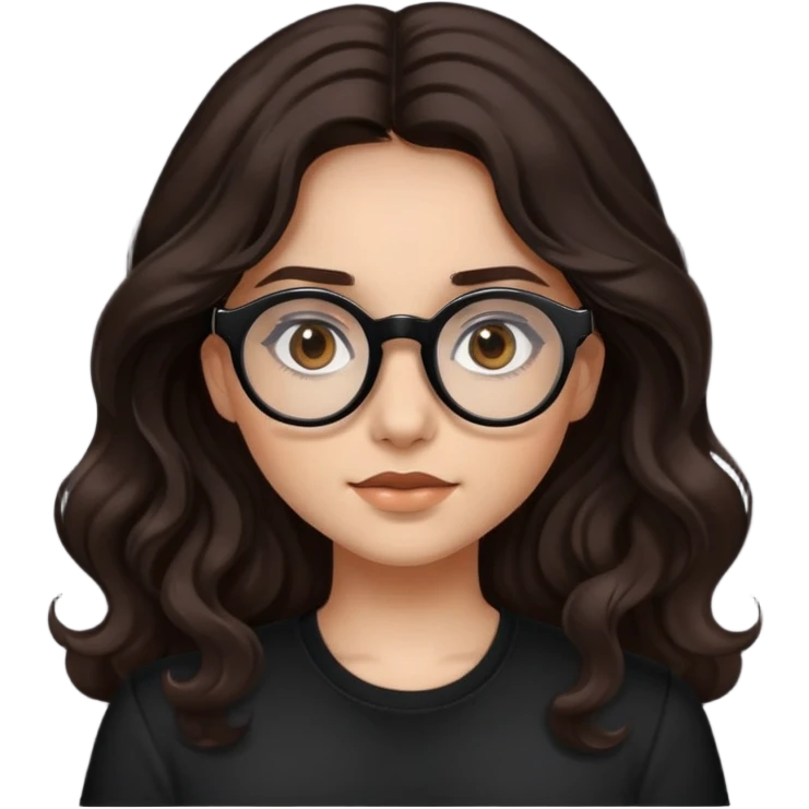 make a girl emoji: she has dark brown long wavy hair,dark brown eyes,round black vision glasses,and a black shirt emoji