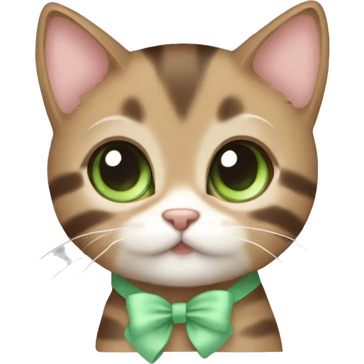 kawaii brown tabby kitten with green eyes and pastel green bow emoji
