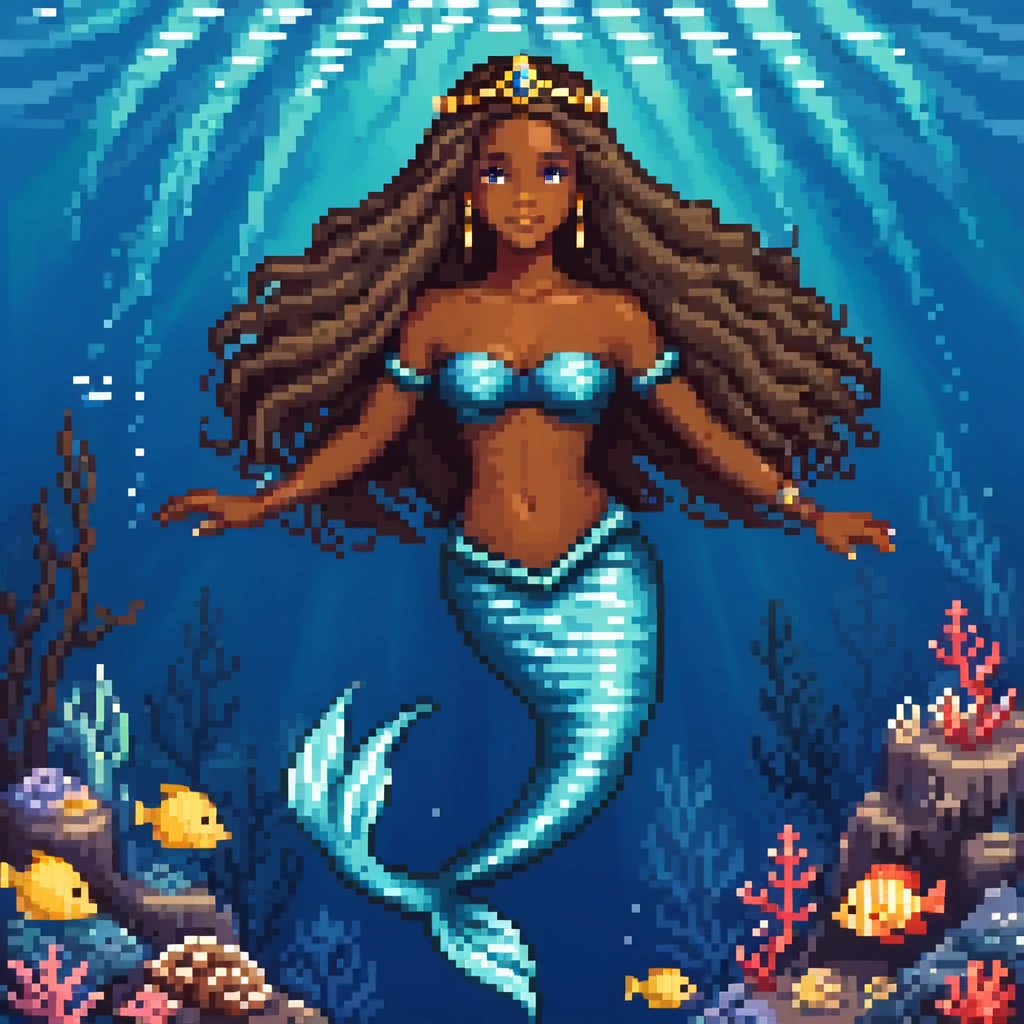 Dark brown skin mermaid princess with long flowing hair and royal accessories in deep blue ocean emoji