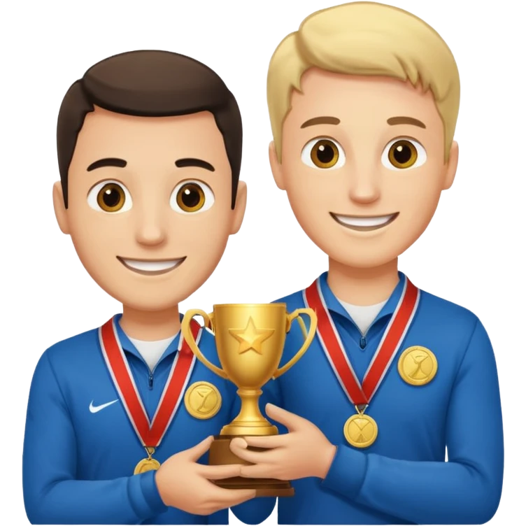 winner ceremony with one guy handing another guy a trophy. One having a medal around his neck emoji