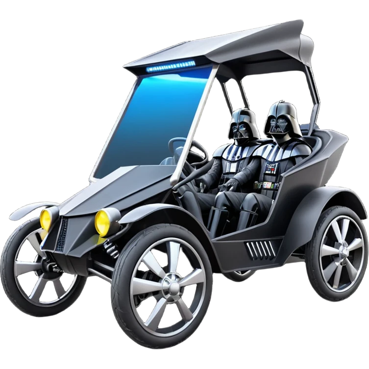 Mad max survival apocalypse ghostly sporty Darth Vader’s Batman-armored 1876 black graphite colored enclosed twin seat town buggy with horizontal holographic 3d stars painted on the body sides and neon under glow  emoji