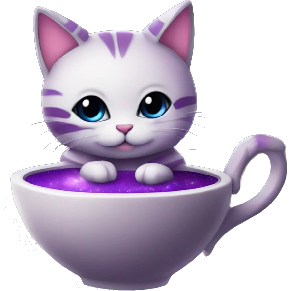 Cute purple hoverpetcat in a space ship in the moon with a cup of coffe emoji