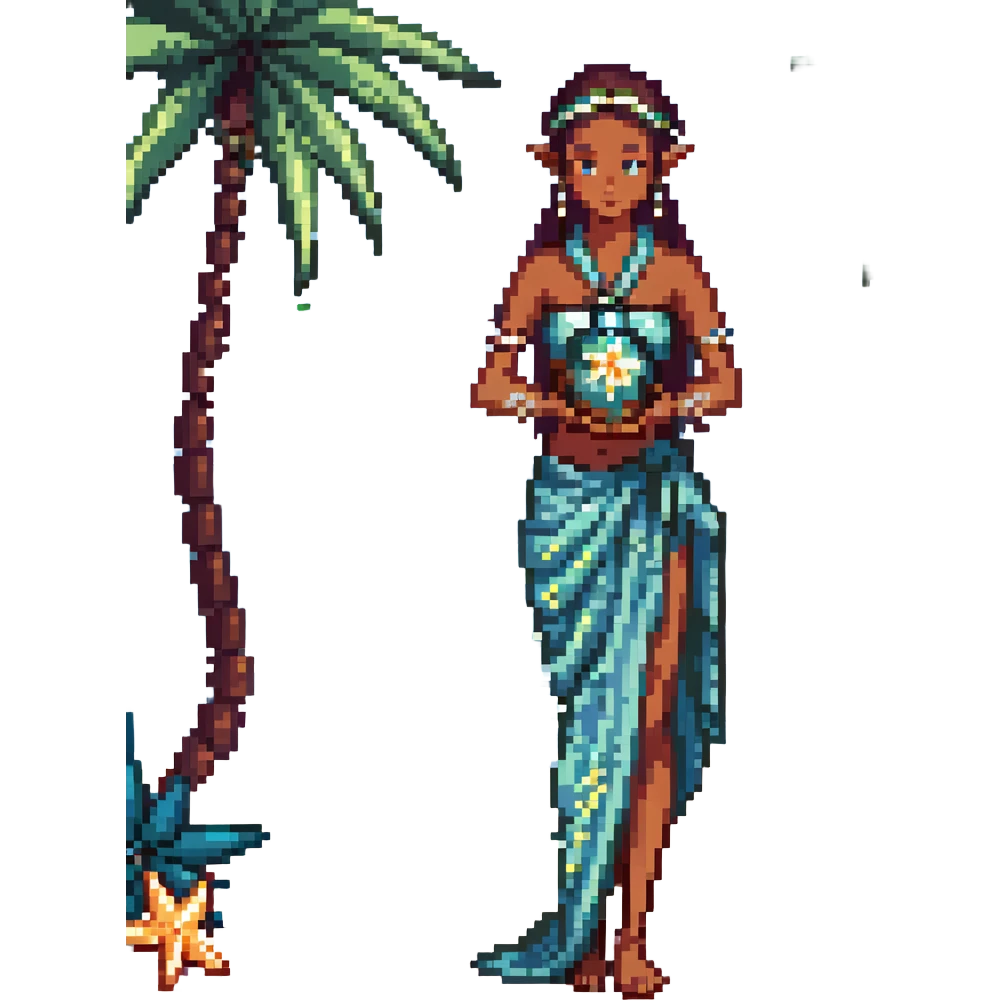 elf female Sarong with bioluminescent embroidery, armful of starfish, hair in a braid with pearl pins emoji