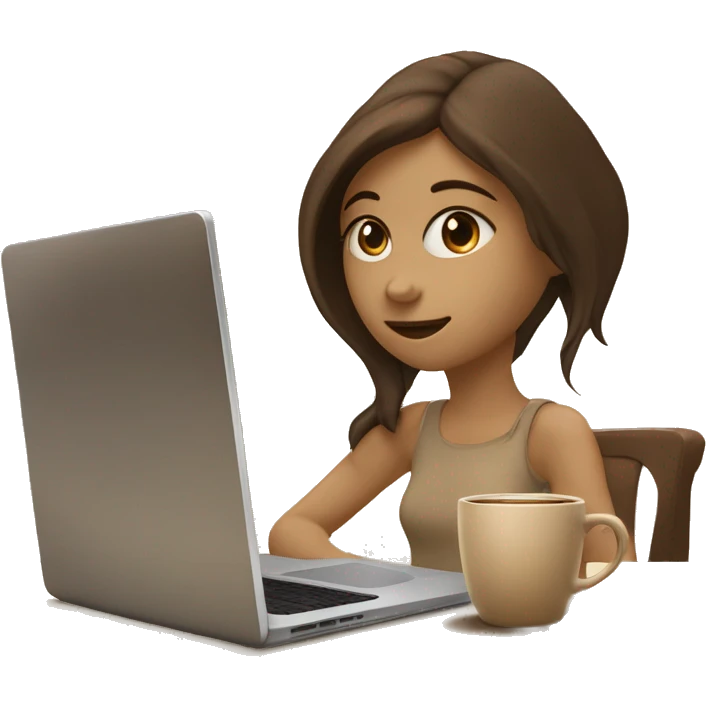 Half face of a girl at the laptop. A a cup of coffee on the left side of the table. Books on the right side. in beige tones emoji