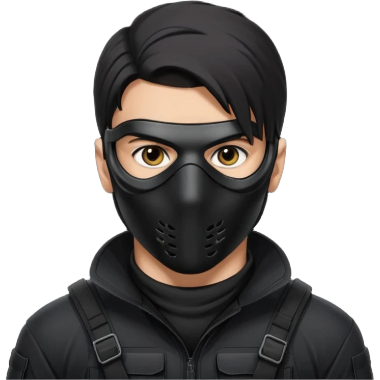 Close-up portrait of an attractive man with piercing eyes, wearing a sleek black tactical mask that covers the lower half of his face. He has sharp jawline definition, dark hair, and a serious, undercover criminal or covert operative look. High contrast, noir lighting, cinematic depth of field. emoji