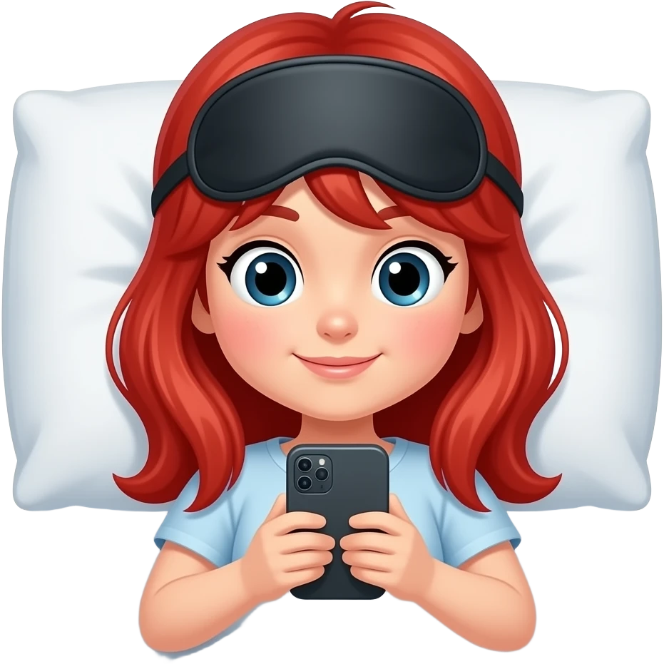 Red hair girl eye mask on head in bed phone emoji