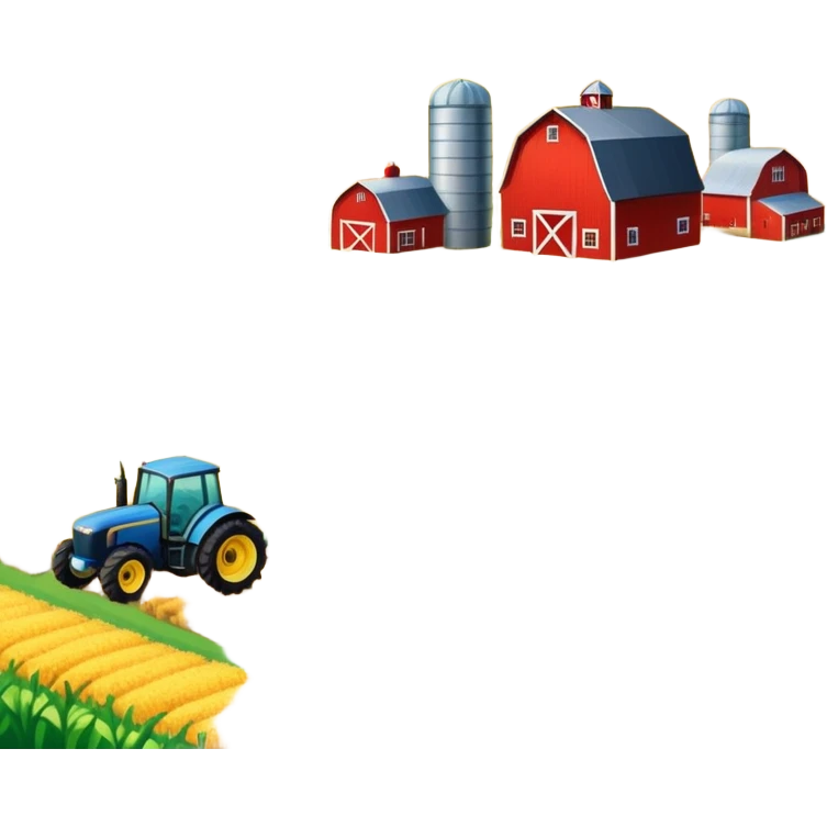 colorful rural landscape, inspired by farming simulators like Farming Simulator 22. The design shows fields, tractors, and barns, with vibrant crops and animals in the background. The peaceful farming scene symbolizes the immersive experience of managing a farm, with a transparent background emoji