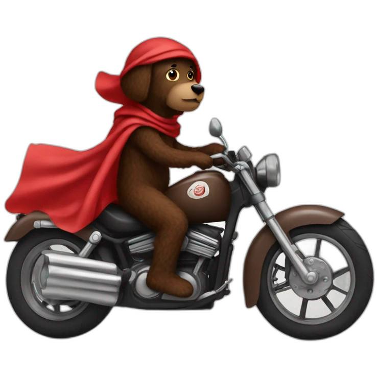 A chocolate brown doodle wearing a red and black handkerchief riding a motorcycle emoji