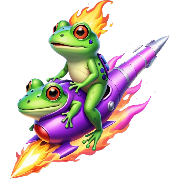 frog riding purple rocket with fire emoji