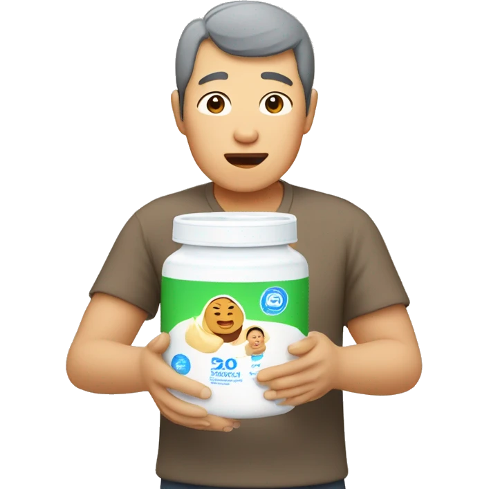 A 50-year-old Asian man feeding his baby formula emoji
