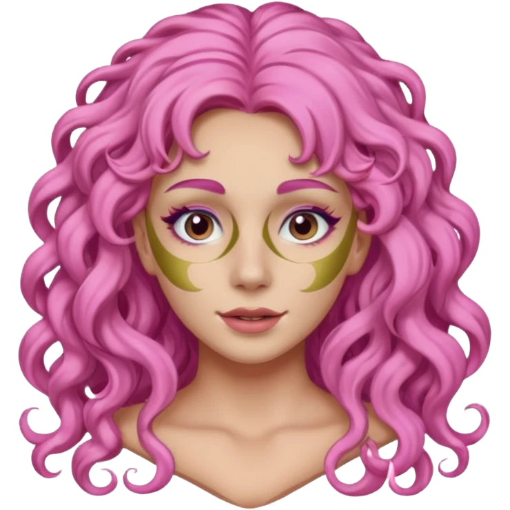 pink haired very long curly haired woman with full full face clay mask emoji