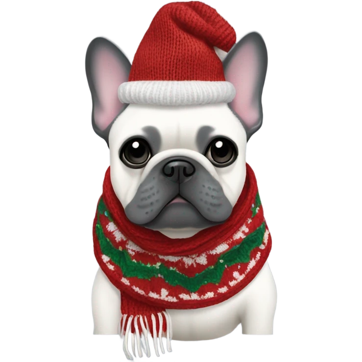 All gray French bulldog in christmas knitted scarf emoji