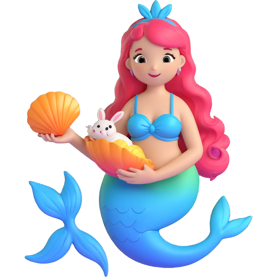 3D iOS-style pastel bunny mermaid holding shell with music notes, shiny smooth texture, gradient mermaid tail, cute friendly face, inspired by reference image emoji