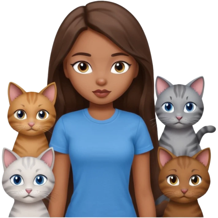 a pretty bratz dusky girl with long brown hair, blue eyes with six cats nd wearing a grey tshirt emoji