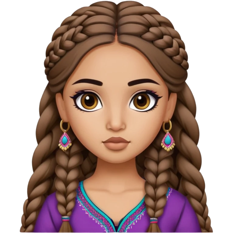Afghan nose, pretty lips, afghan clothes, medium skin,  long brown hair braid, pretty bratz baddie, black eyeliner emoji