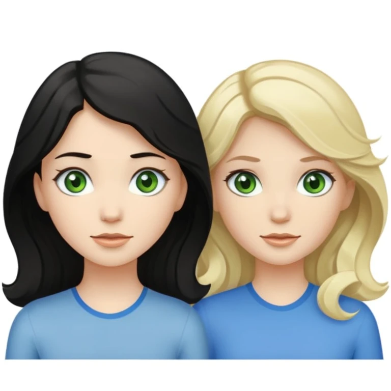 wavy black haired and pale skined green eyed girl with dark golden blonde wavy haired pale skined light grey blue eyed girl emoji