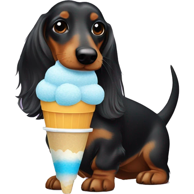 black and tan long hair dachshund eating a shaved ice emoji