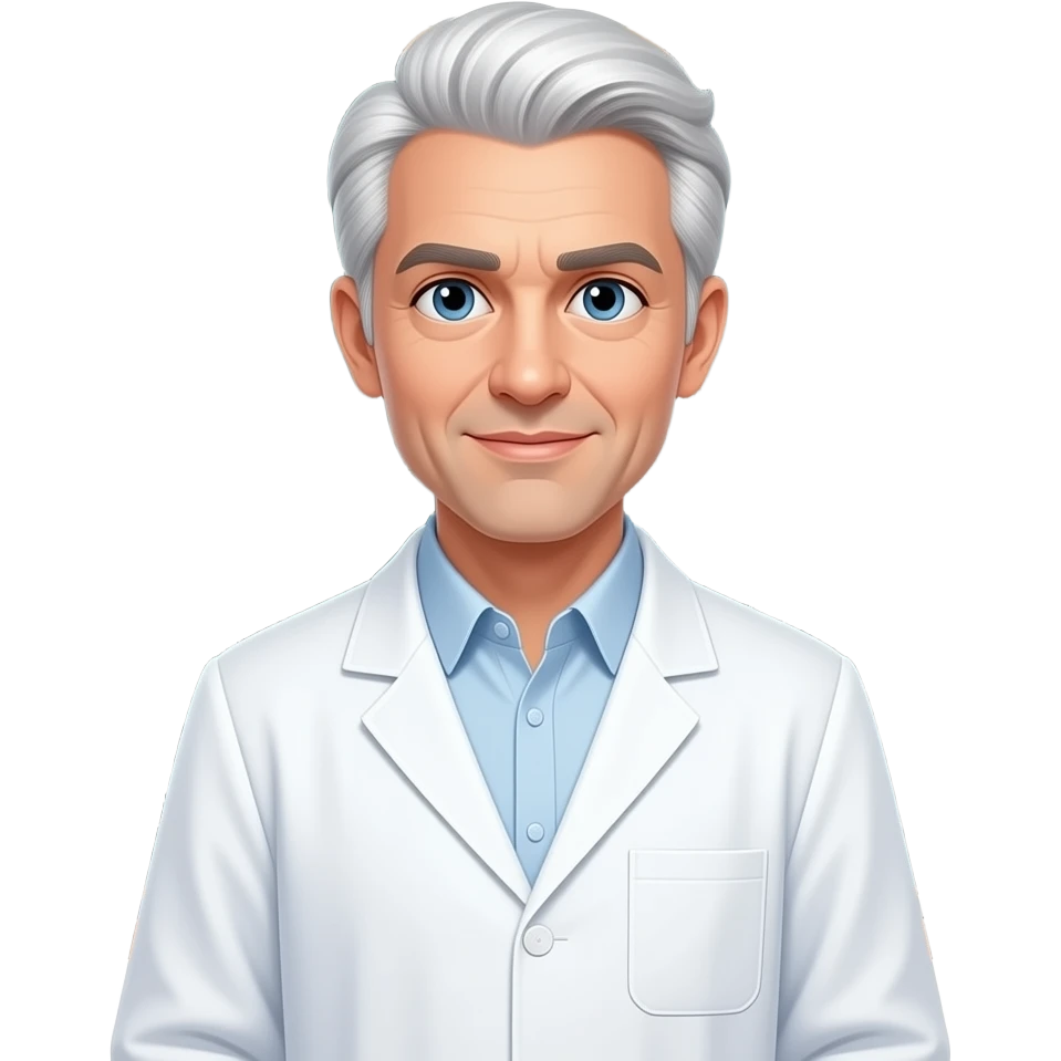 illustration of a male physicist, pale skin, rich white hair neatly combed, wearing a crisp white lab coat over a collared shirt, standing thoughtfully in front of a chalkboard covered with complex physics equations (E=mc  2  , quantum mechanics emoji