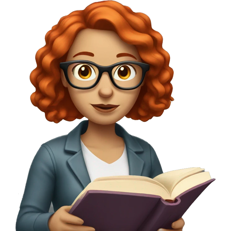 White woman with red hair and glasses reading a book emoji