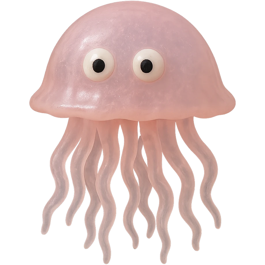 Make the jellyfish a natural color (e.g., pink or purple), more transparent and see-through, retro 90's toy style, derpy eyes, no tag, no background, soft plastic, soft reflections, soft and squishy, some cloudiness, not shiny, highly detailed, appealing. emoji